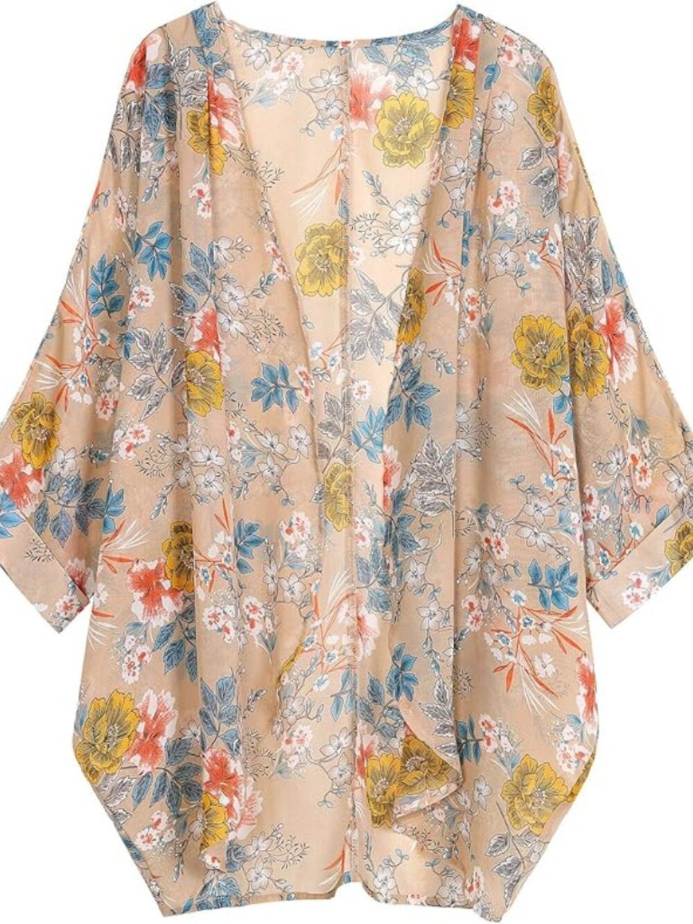 Women's Floral Print Sheer Chiffon 3/4 Cuffed Bat Sleeve Kimono Size XXL